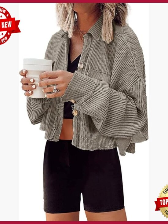 Jackets & Blazers - Cropped Waffle Knit Shacket Batwing Sleeve Button Down Jacket with Pocket
